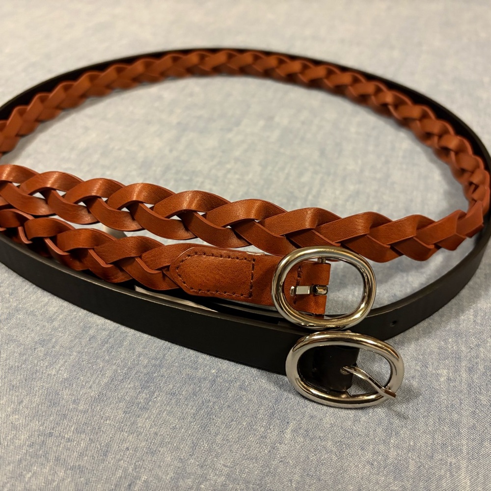 Pair of Thin Belts Braided Brown and Black Faux Leather with Silver Buckles